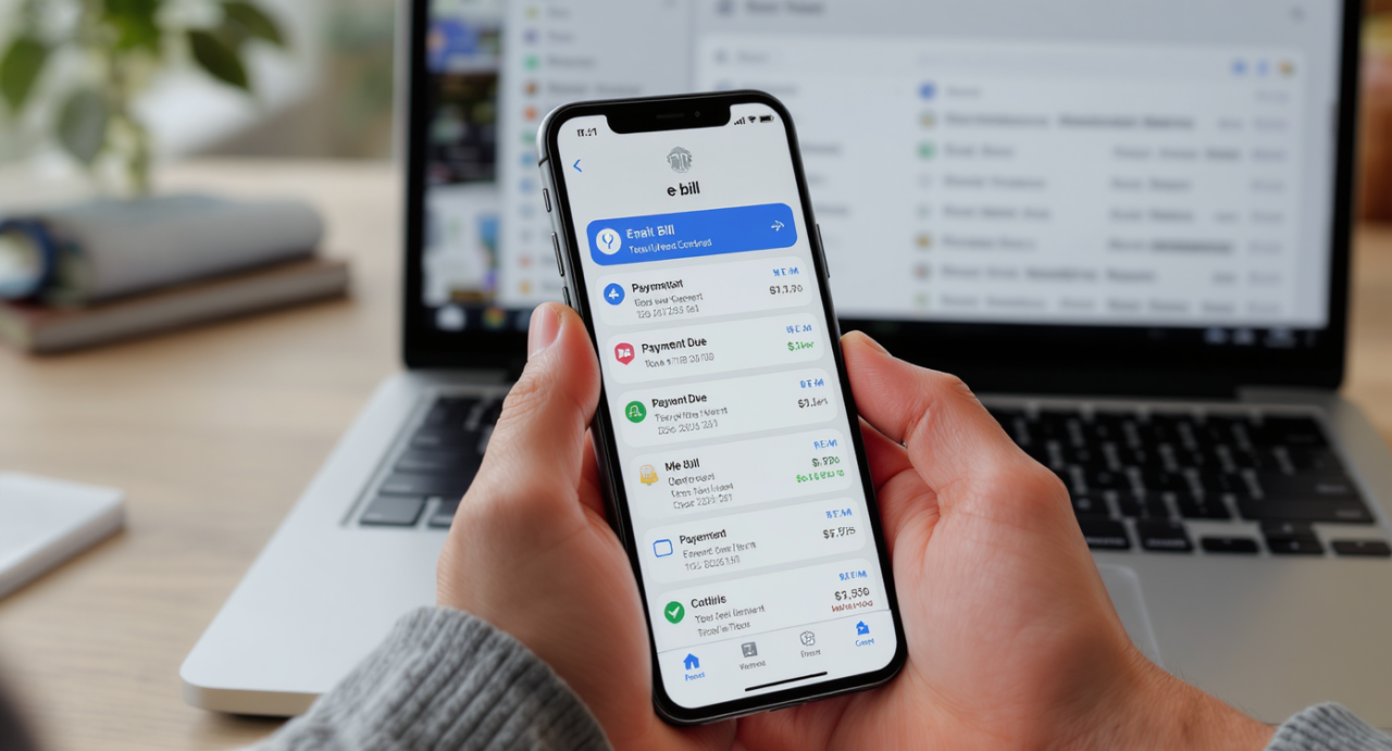 hand holding cell phone with e-bill notifications